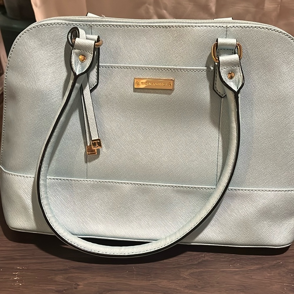 TIGNANELLO BABY BLUE POWDER BLUE PURSE NWOT GOLD ACCENTS MANY SECTIONS